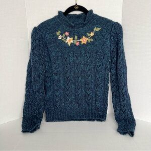 VTG Embroidered Floral Knit Sweater L Cottagecore GrandmaCore Stretchy Fairy